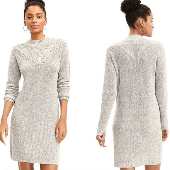 Loft Bobble Mock Neck Sweater Dress grey petite size Lp NWT - Picture 1 of 8